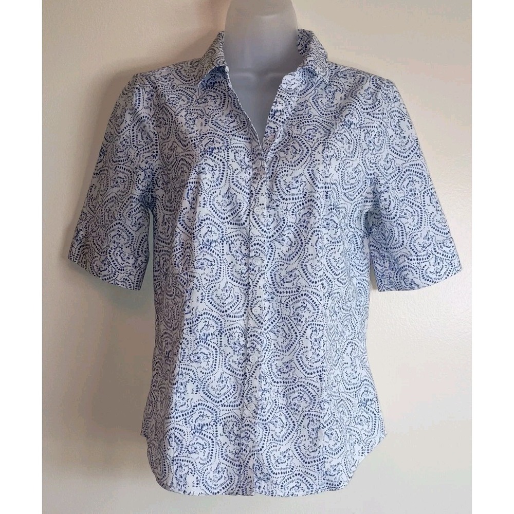Talbots Blue White Paisley Button Front Shirt Womens 8 Wrinkle Resistant Top